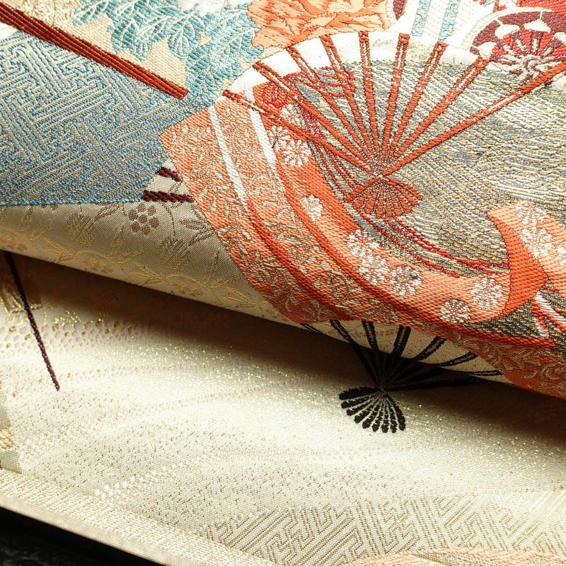 袋帯 詠歌清泉文 六通柄 フォーマル用 正絹 古典柄 箔 帯 クリーム_画像6