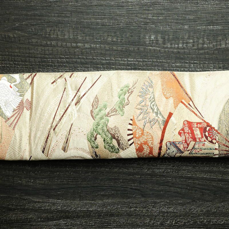 袋帯 詠歌清泉文 六通柄 フォーマル用 正絹 古典柄 箔 帯 クリーム_画像12