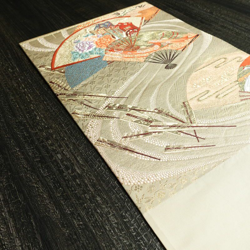 袋帯 詠歌清泉文 六通柄 フォーマル用 正絹 古典柄 箔 帯 クリーム_画像17
