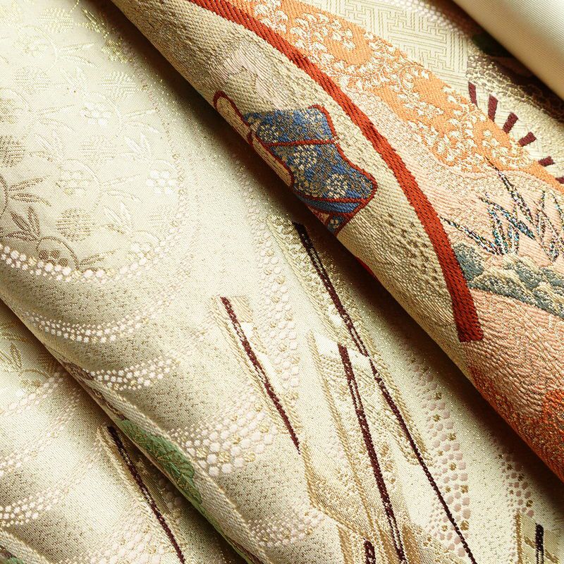 袋帯 詠歌清泉文 六通柄 フォーマル用 正絹 古典柄 箔 帯 クリーム_画像21