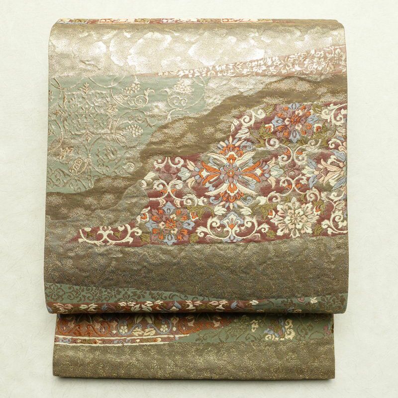 袋帯 六通柄 フォーマル用 正絹 幾何学柄・抽象柄 箔 金通し 帯 ベージュ_画像1