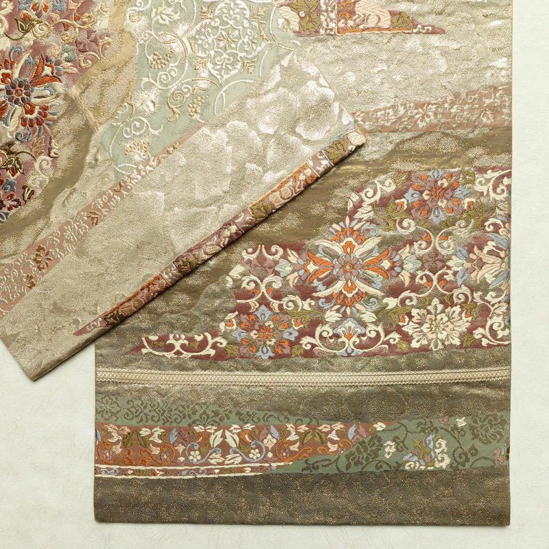袋帯 六通柄 フォーマル用 正絹 幾何学柄・抽象柄 箔 金通し 帯 ベージュ_画像12