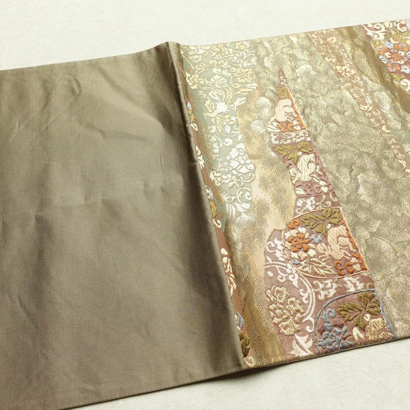 袋帯 六通柄 フォーマル用 正絹 幾何学柄・抽象柄 箔 金通し 帯 ベージュ_画像15