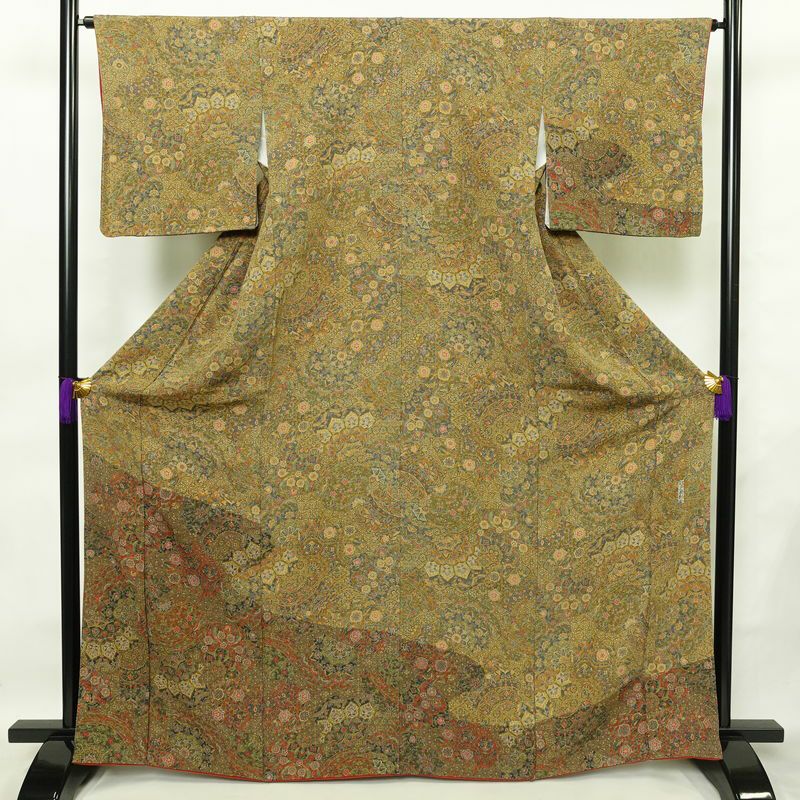 付下小紋 江戸更紗染 小紋 縮緬 総柄 正絹 幾何学柄・抽象柄 袷仕立て 身丈166cm 裄丈65.5cm 付け下げ 着物 黄・黄土色_画像1