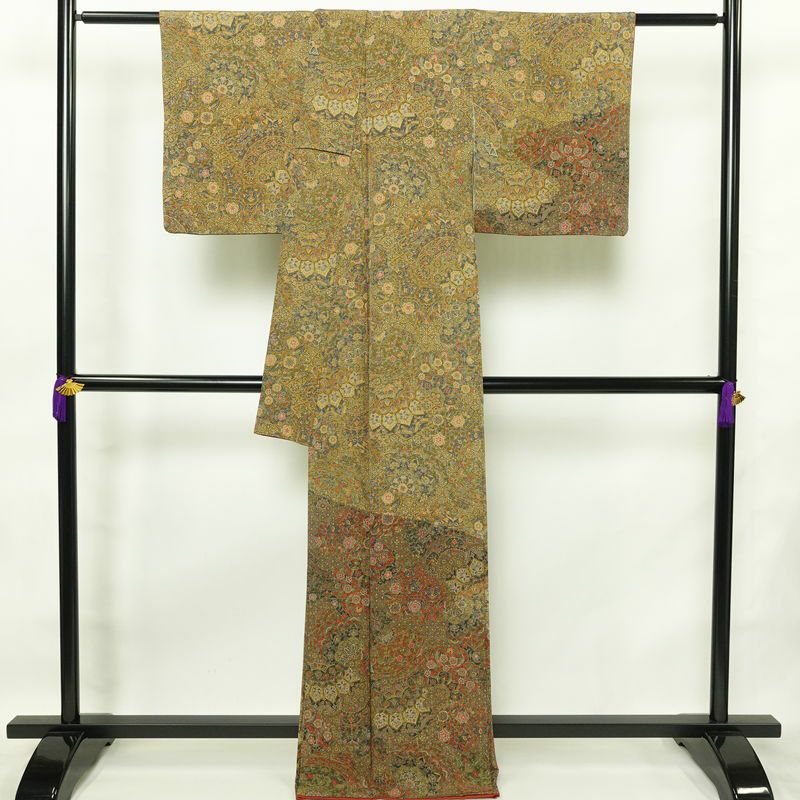 付下小紋 江戸更紗染 小紋 縮緬 総柄 正絹 幾何学柄・抽象柄 袷仕立て 身丈166cm 裄丈65.5cm 付け下げ 着物 黄・黄土色_画像2