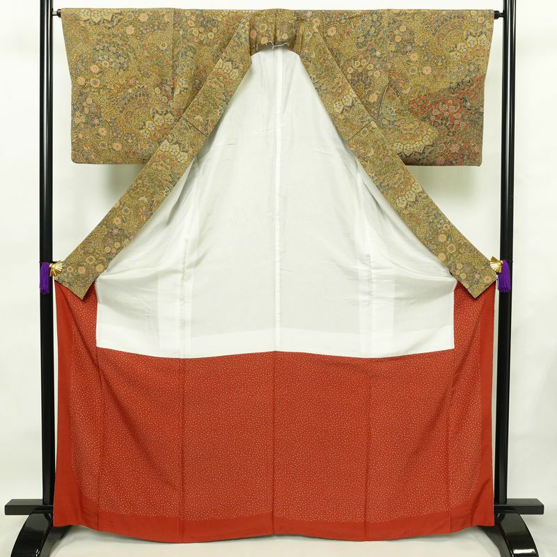 付下小紋 江戸更紗染 小紋 縮緬 総柄 正絹 幾何学柄・抽象柄 袷仕立て 身丈166cm 裄丈65.5cm 付け下げ 着物 黄・黄土色_画像3