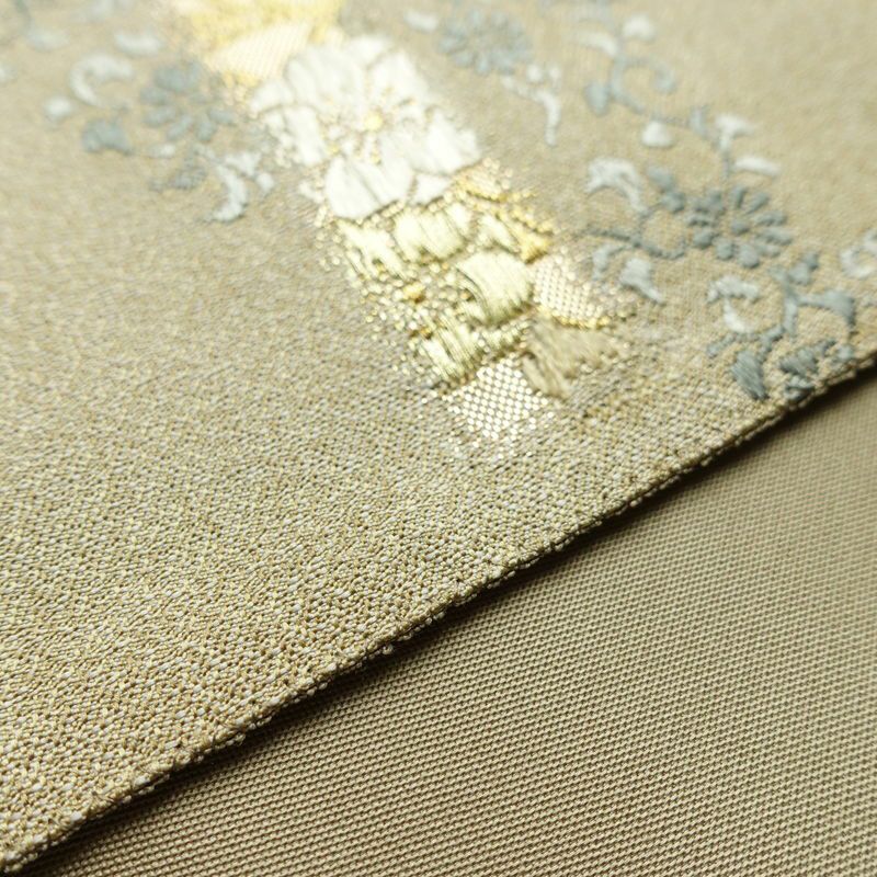 袋帯 六通柄 良品 フォーマル用 正絹 木の葉・植物柄 刺繍 金糸 帯 ベージュ_画像12