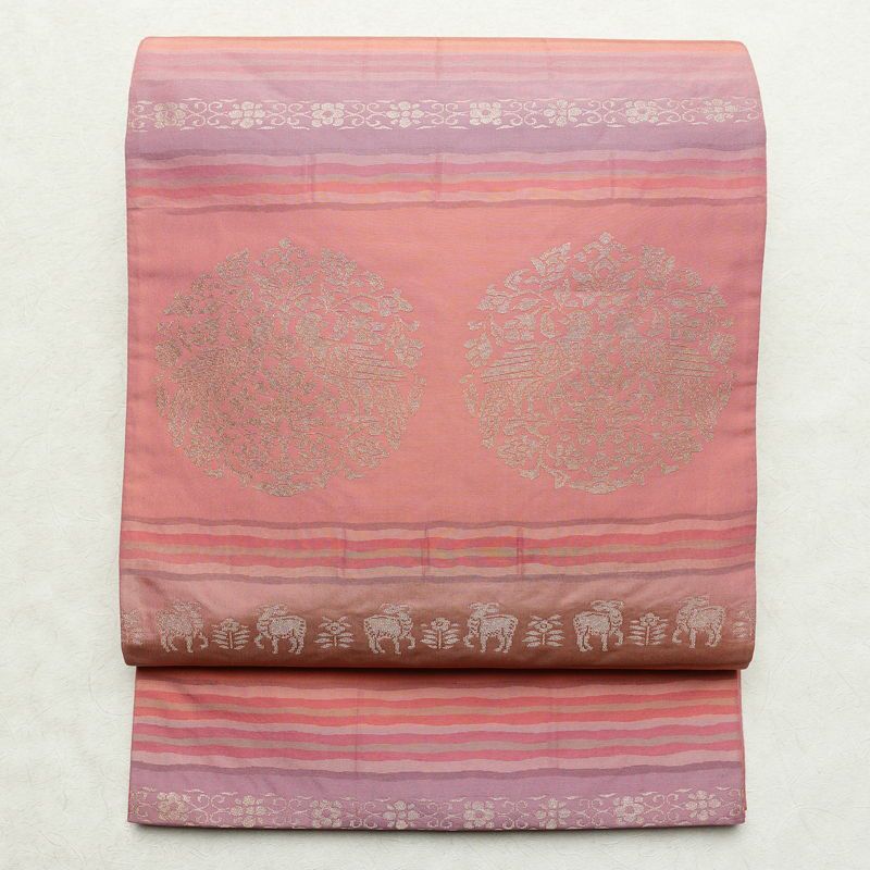 袋帯 六通柄 一般用 正絹 幾何学柄・抽象柄 帯 ピンク_画像1