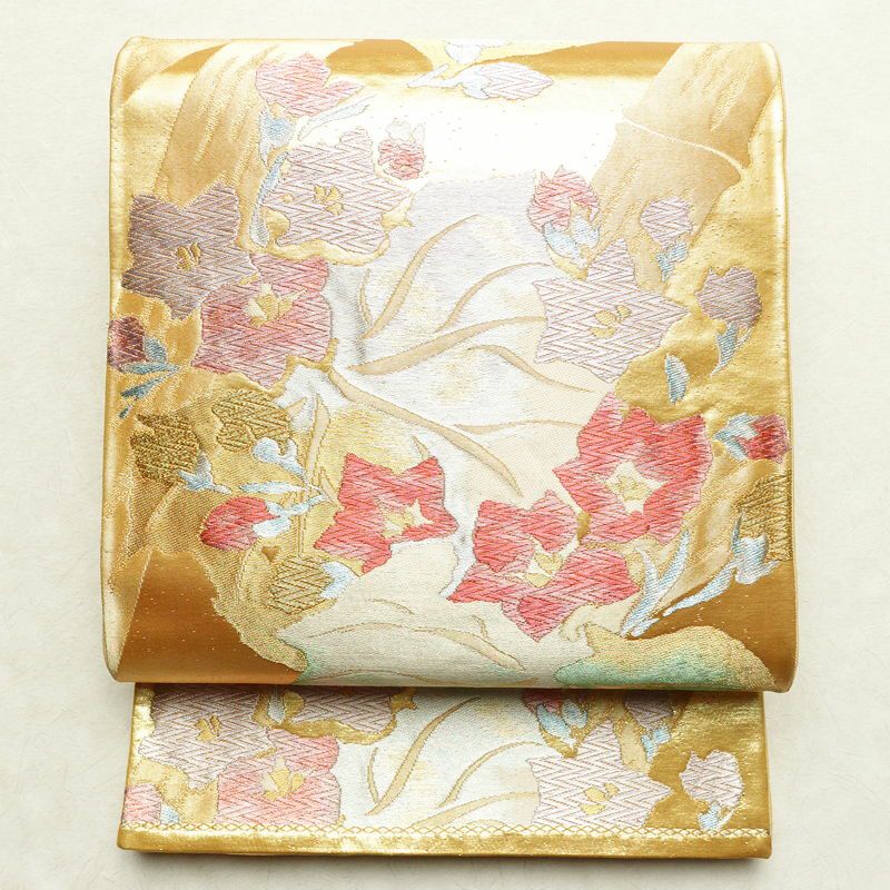袋帯 六通柄 良品 フォーマル用 正絹 木の葉・植物柄 箔 金糸 帯 金・銀_画像1