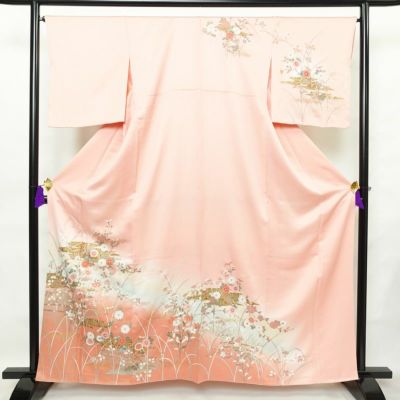 訪問着 正絹 木の葉・植物柄 袷仕立て 身丈161cm 裄丈66.5cm 箔 一部しつけ糸付き 金彩 ピンク