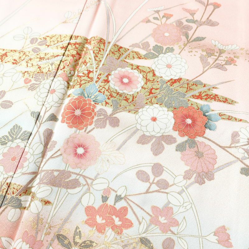 訪問着 正絹 木の葉・植物柄 袷仕立て 身丈161cm 裄丈66.5cm 箔 一部しつけ糸付き 金彩 ピンク_画像6