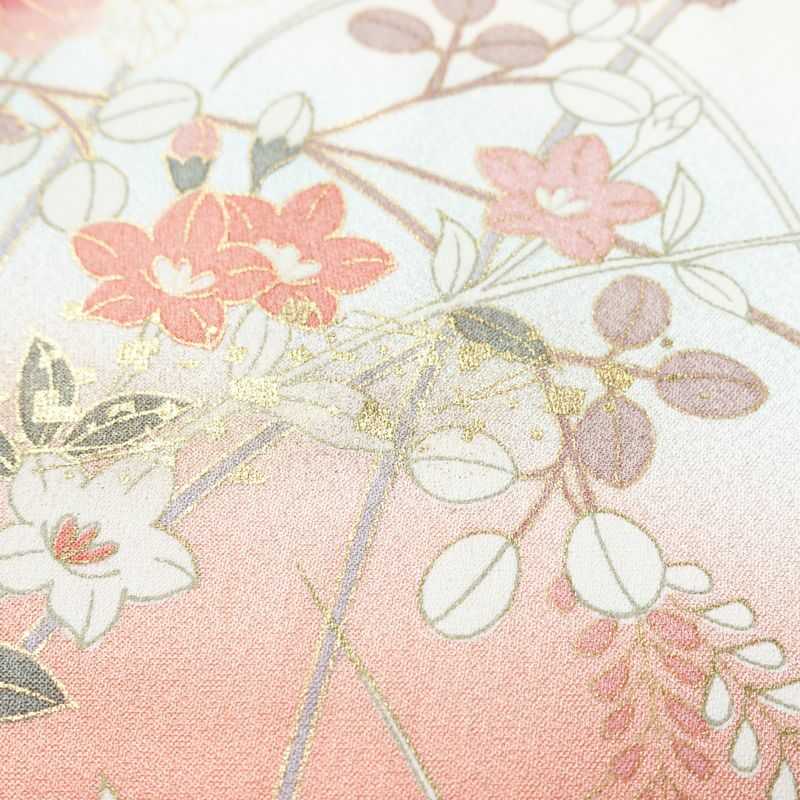 訪問着 正絹 木の葉・植物柄 袷仕立て 身丈161cm 裄丈66.5cm 箔 一部しつけ糸付き 金彩 ピンク_画像8