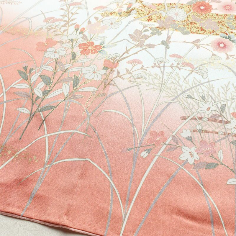 訪問着 正絹 木の葉・植物柄 袷仕立て 身丈161cm 裄丈66.5cm 箔 一部しつけ糸付き 金彩 ピンク_画像11