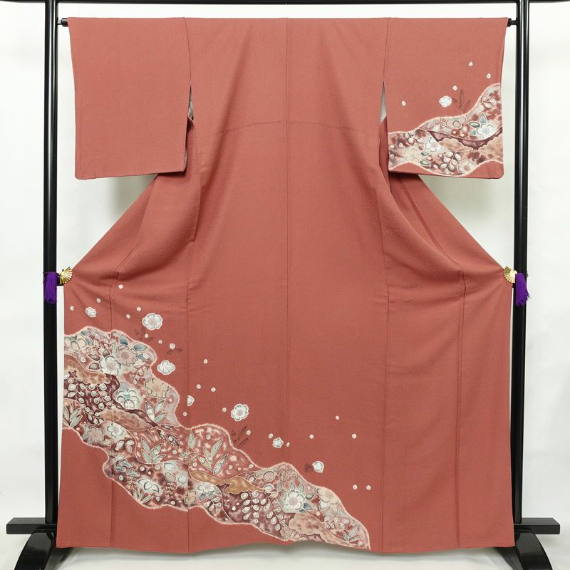 付け下げ 絞り 辻が花 縮緬 正絹 花柄 袷仕立て 身丈164cm 裄丈67cm フォーマル 着物 ピンク_画像1