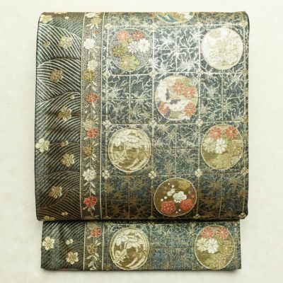 袋帯 六通柄 美品 フォーマル用 正絹 古典柄 箔 金糸 帯 蝶 菊 梅 緑・うぐいす色