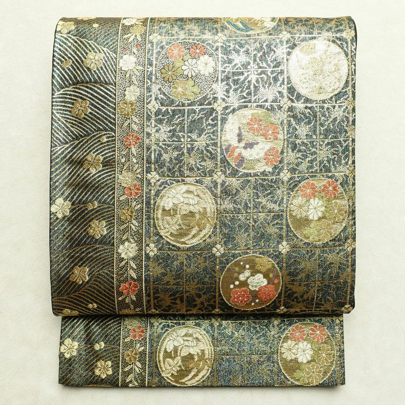 袋帯 六通柄 美品 フォーマル用 正絹 古典柄 箔 金糸 帯 蝶 菊 梅 緑・うぐいす色_画像1
