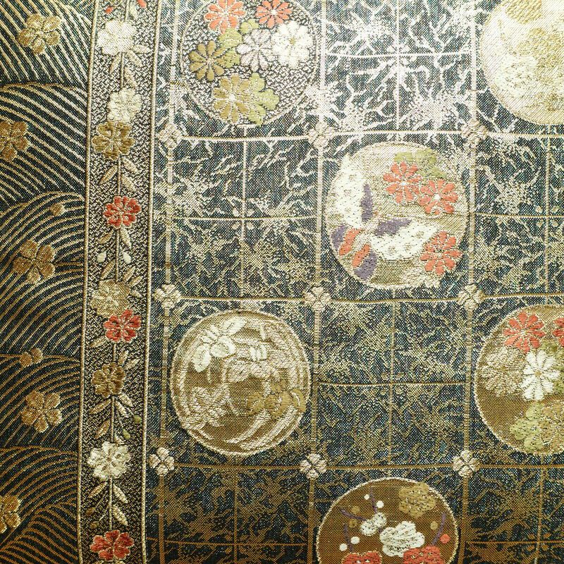 袋帯 六通柄 美品 フォーマル用 正絹 古典柄 箔 金糸 帯 蝶 菊 梅 緑・うぐいす色_画像2