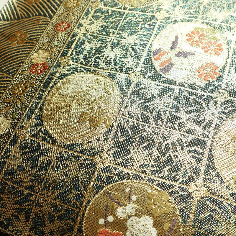袋帯 六通柄 美品 フォーマル用 正絹 古典柄 箔 金糸 帯 蝶 菊 梅 緑・うぐいす色_画像3