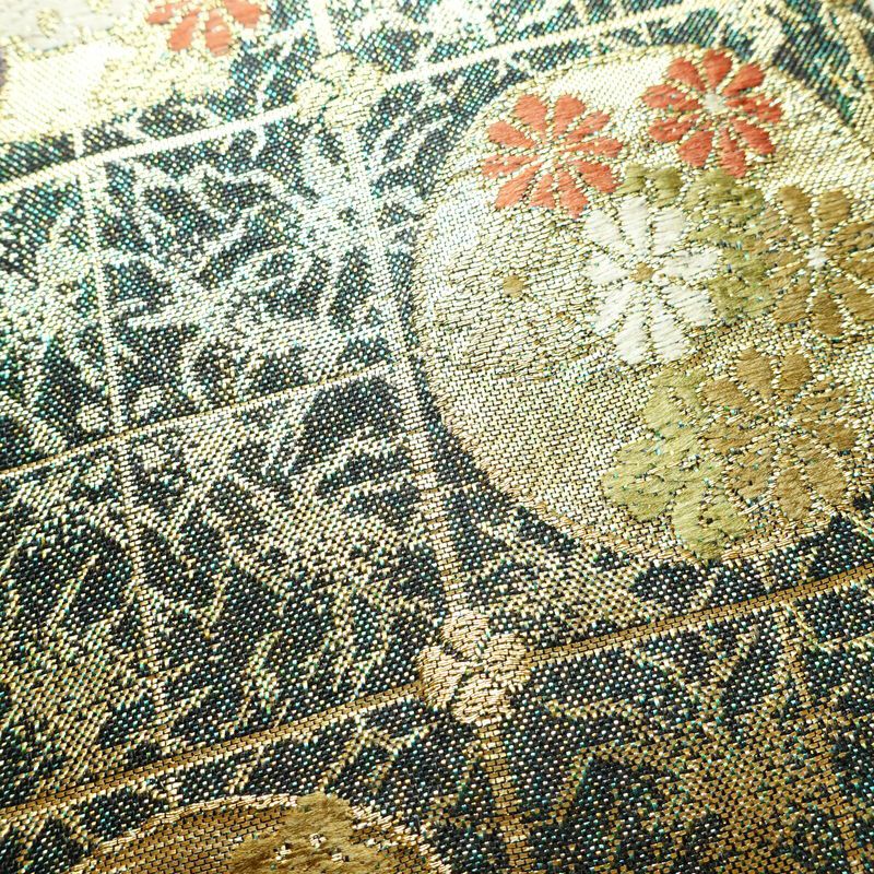 袋帯 六通柄 美品 フォーマル用 正絹 古典柄 箔 金糸 帯 蝶 菊 梅 緑・うぐいす色_画像4