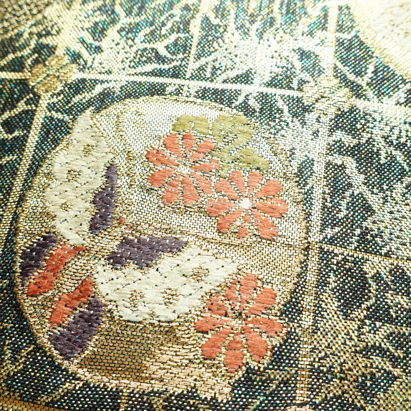 袋帯 六通柄 美品 フォーマル用 正絹 古典柄 箔 金糸 帯 蝶 菊 梅 緑・うぐいす色_画像5