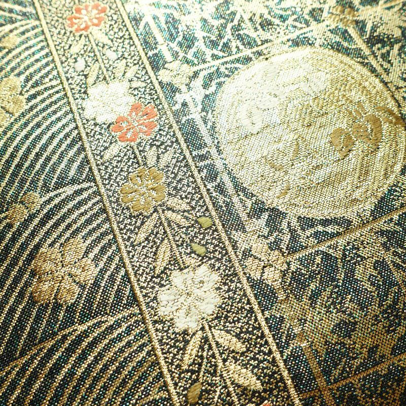袋帯 六通柄 美品 フォーマル用 正絹 古典柄 箔 金糸 帯 蝶 菊 梅 緑・うぐいす色_画像7