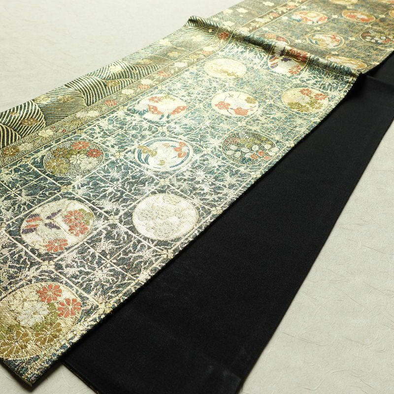 袋帯 六通柄 美品 フォーマル用 正絹 古典柄 箔 金糸 帯 蝶 菊 梅 緑・うぐいす色_画像9