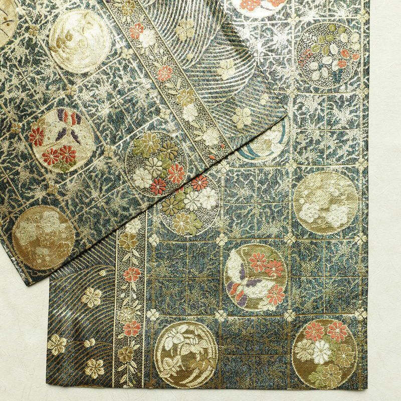 袋帯 六通柄 美品 フォーマル用 正絹 古典柄 箔 金糸 帯 蝶 菊 梅 緑・うぐいす色_画像14