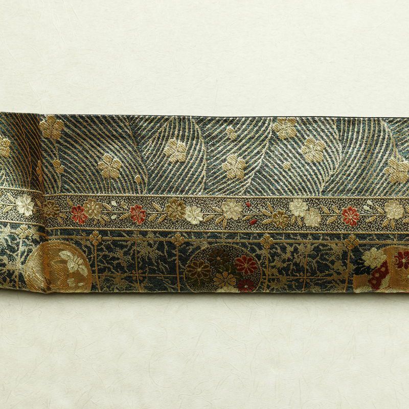 袋帯 六通柄 美品 フォーマル用 正絹 古典柄 箔 金糸 帯 蝶 菊 梅 緑・うぐいす色_画像15