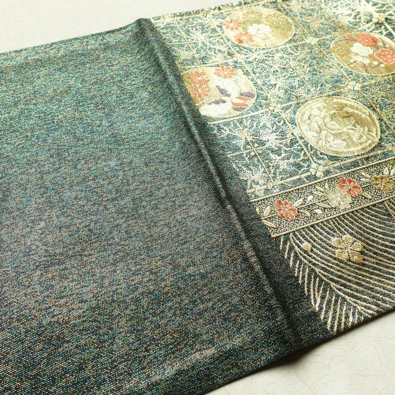 袋帯 六通柄 美品 フォーマル用 正絹 古典柄 箔 金糸 帯 蝶 菊 梅 緑・うぐいす色_画像17