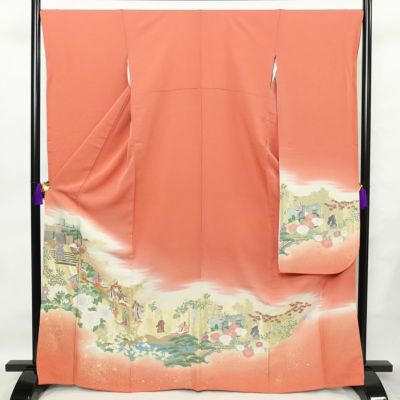 振袖 正絹 牡丹柄 銀駒刺繍 金箔 緑 広襟 古典柄 アンティーク