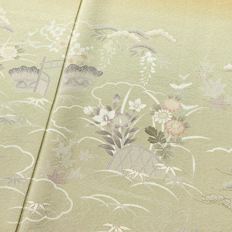 訪問着 良品 縮緬 一つ紋付き 正絹 古典柄 袷仕立て 身丈162cm 裄丈65.5cm 箔 共八掛 フォーマル 着物 黄・黄土色_画像6