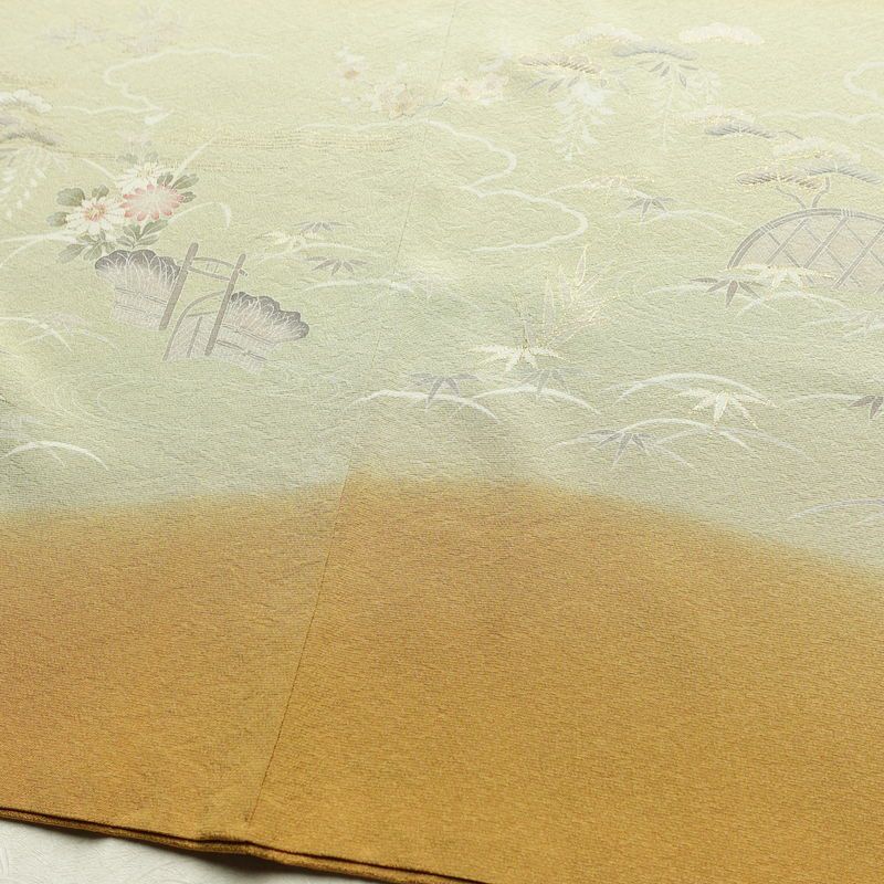 訪問着 良品 縮緬 一つ紋付き 正絹 古典柄 袷仕立て 身丈162cm 裄丈65.5cm 箔 共八掛 フォーマル 着物 黄・黄土色_画像12