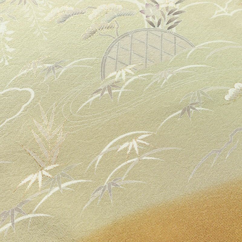 訪問着 良品 縮緬 一つ紋付き 正絹 古典柄 袷仕立て 身丈162cm 裄丈65.5cm 箔 共八掛 フォーマル 着物 黄・黄土色_画像13