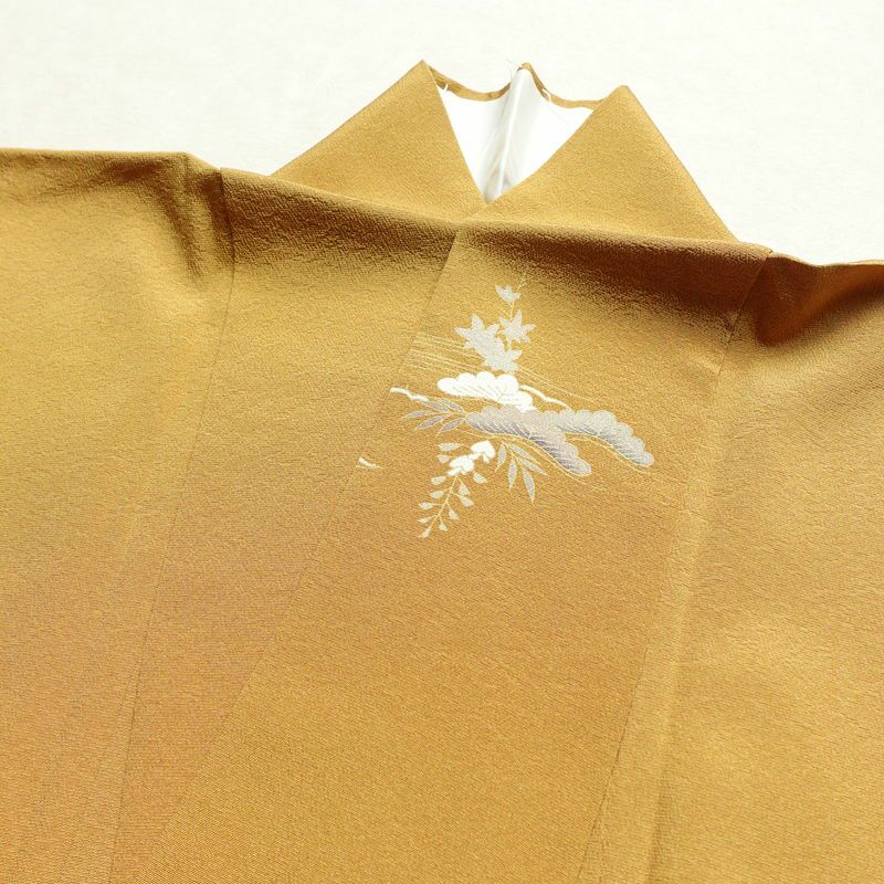 訪問着 良品 縮緬 一つ紋付き 正絹 古典柄 袷仕立て 身丈162cm 裄丈65.5cm 箔 共八掛 フォーマル 着物 黄・黄土色_画像17