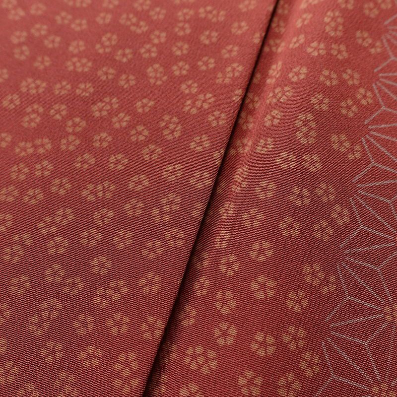 小紋 しつけ糸付き 縮緬 総柄 正絹 麻の葉柄 袷仕立て 色違い共八掛 身丈160.5cm 裄丈67cm 着物 小豆・エンジ_画像8