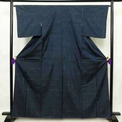 塩沢紬 紬 しつけ糸付き 正絹 チェック・格子柄 袷仕立て 身丈164cm 裄丈65cm つむぎ 塩澤紬 着物 青・紺