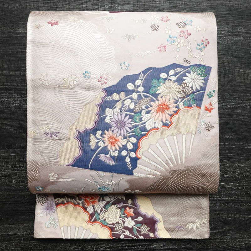 袋帯 六通柄 フォーマル用 正絹 古典柄 刺繍 扇子 金糸 帯 ピンク | 六  