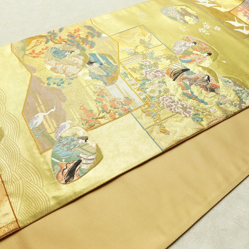 袋帯 本金箔 平安雅貝合文 六通柄 良品 フォーマル用 正絹 人物・動物柄 箔 金糸 帯 金・銀_画像9