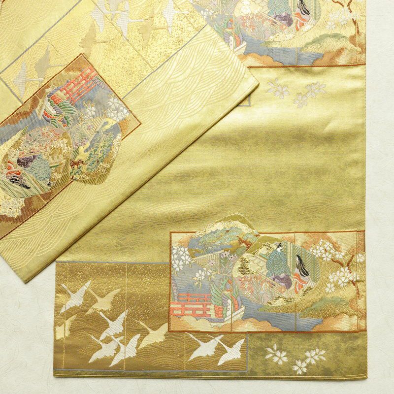 袋帯 本金箔 平安雅貝合文 六通柄 良品 フォーマル用 正絹 人物・動物柄 箔 金糸 帯 金・銀_画像10