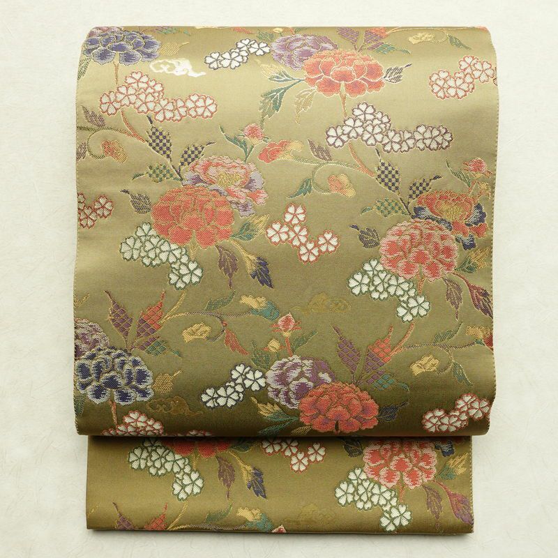 袋帯 六通柄 美品 フォーマル用 正絹 花柄 金糸 帯 油色 お洒落 黄・黄土色_画像1