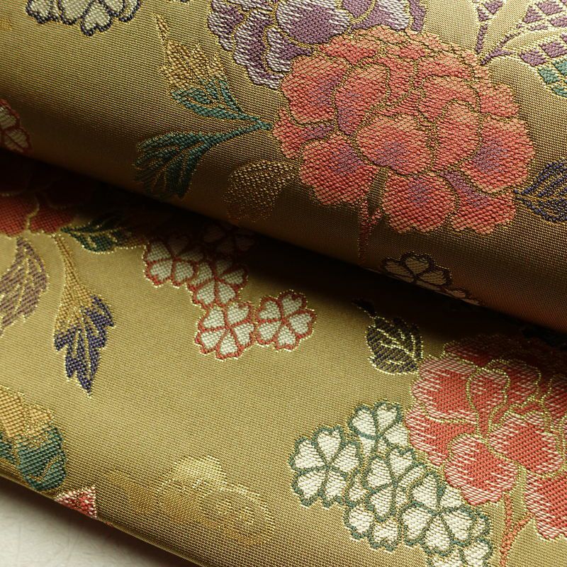 袋帯 六通柄 美品 フォーマル用 正絹 花柄 金糸 帯 油色 お洒落 黄・黄土色_画像7