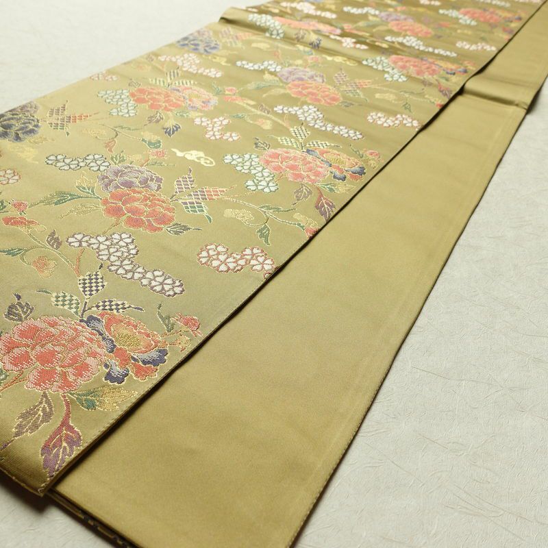 袋帯 六通柄 美品 フォーマル用 正絹 花柄 金糸 帯 油色 お洒落 黄・黄土色_画像8