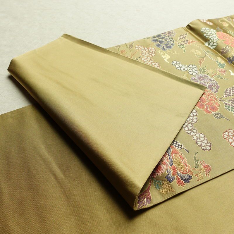 袋帯 六通柄 美品 フォーマル用 正絹 花柄 金糸 帯 油色 お洒落 黄・黄土色_画像9
