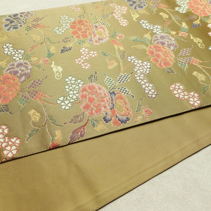 袋帯 六通柄 美品 フォーマル用 正絹 花柄 金糸 帯 油色 お洒落 黄・黄土色_画像11