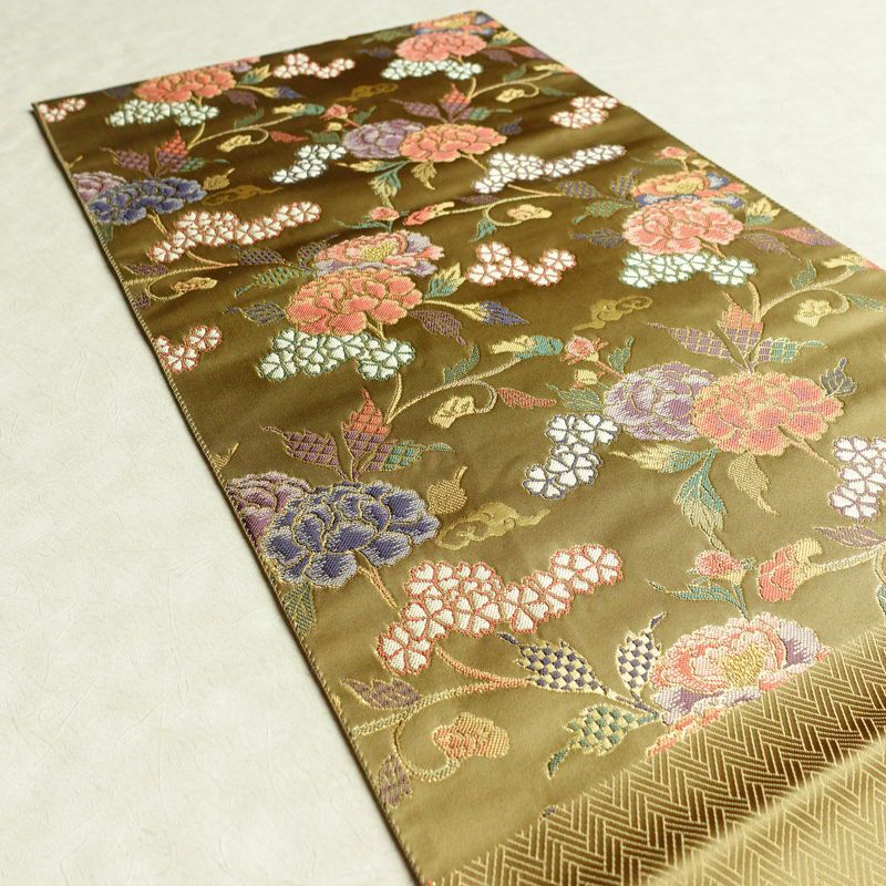袋帯 六通柄 美品 フォーマル用 正絹 花柄 金糸 帯 油色 お洒落 黄・黄土色_画像18
