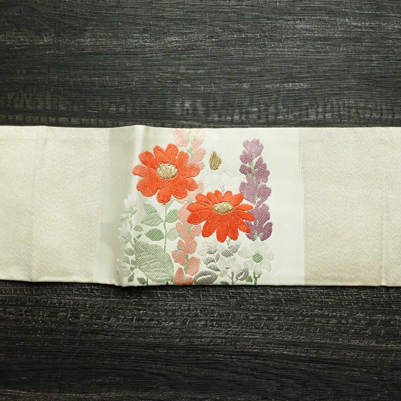 名古屋帯 太鼓柄 正絹 花柄 名古屋仕立て 金糸 帯 白_画像10