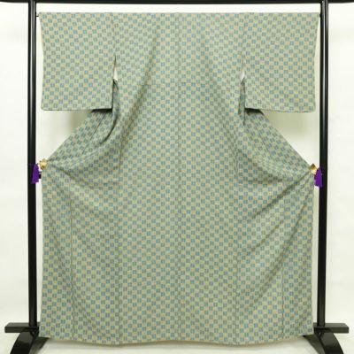 小紋 丹後ちりめん 良品 縮緬 総柄 正絹 チェック・格子柄 袷仕立て 身丈164cm 裄丈68cm 着物 緑・うぐいす色