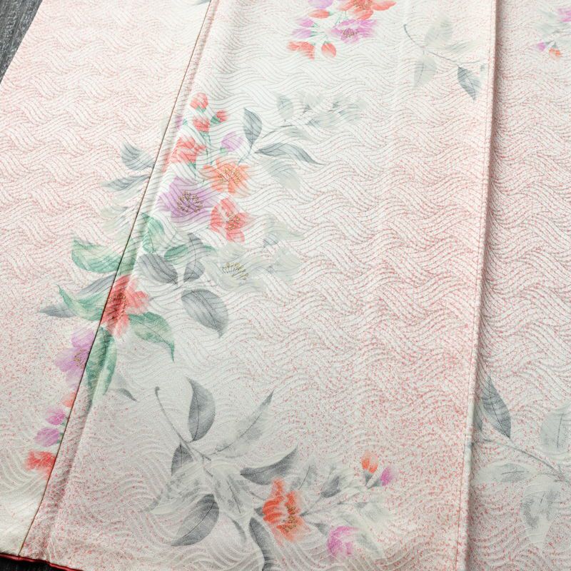 小紋 綸子 正絹 花柄 袷仕立て 身丈161cm 裄丈66.5cm 箔 着物 ピンク_画像4