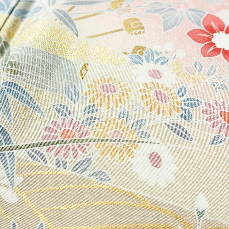 訪問着 美品 縮緬 一つ紋付き 正絹 風景柄 袷仕立て 身丈159.5cm 裄丈69.5cm 箔 金彩 フォーマル 着物 ピンク_画像9