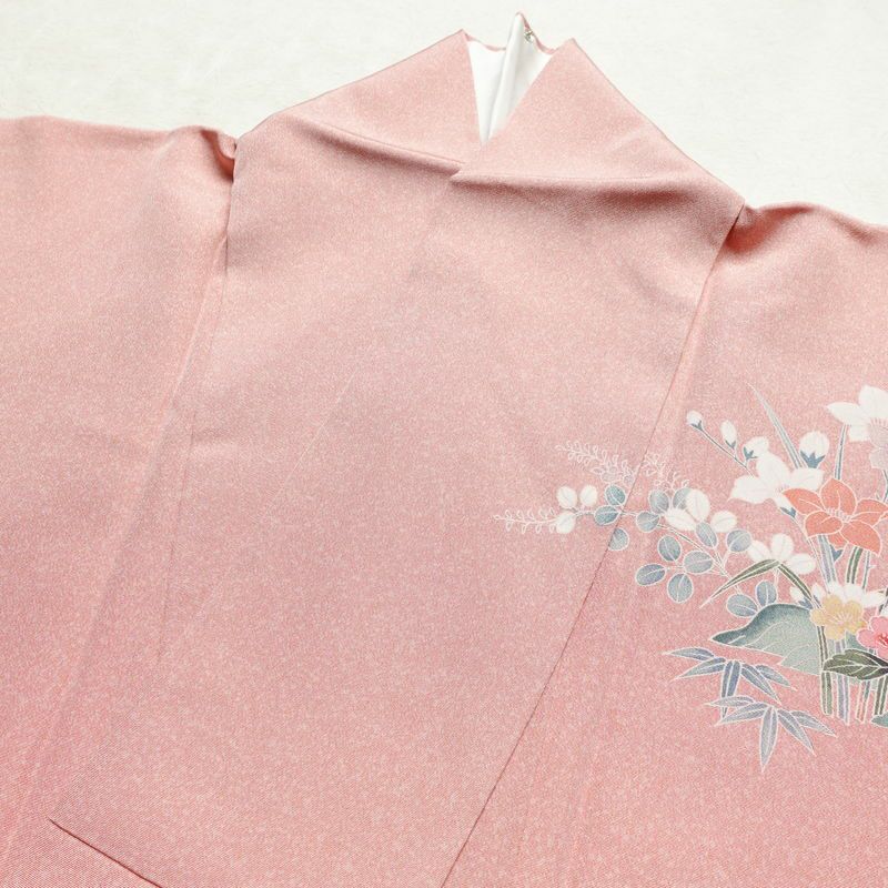 訪問着 美品 縮緬 一つ紋付き 正絹 風景柄 袷仕立て 身丈159.5cm 裄丈69.5cm 箔 金彩 フォーマル 着物 ピンク_画像17